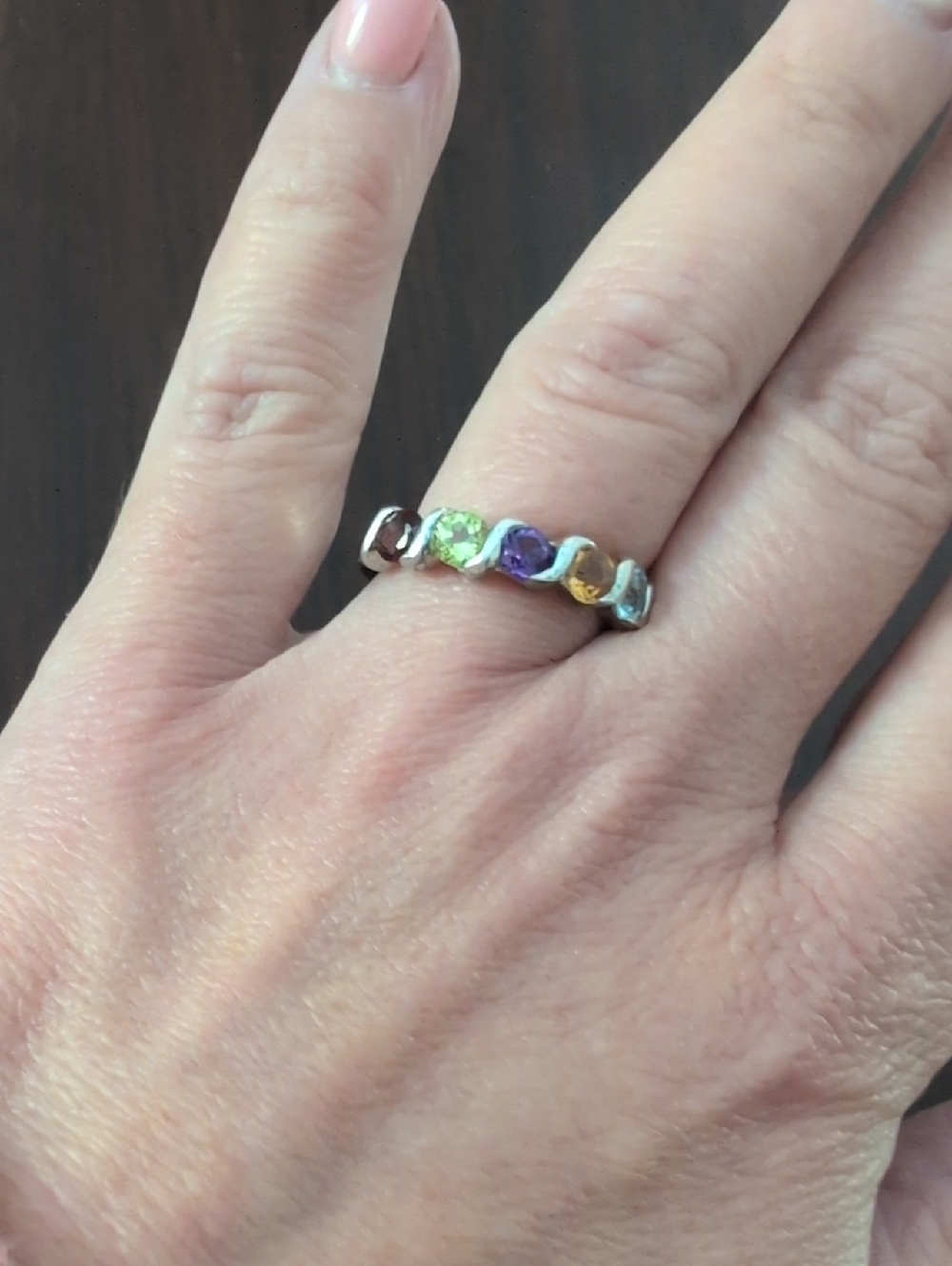 Multi-Stone Sterling Ring with Green, Purple & Yellow Gems